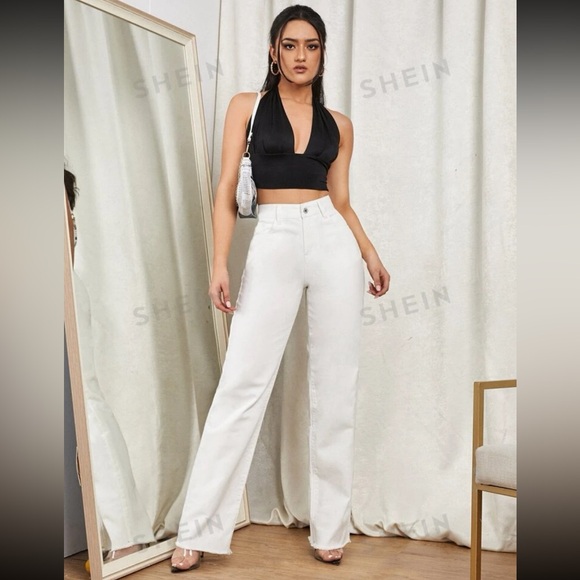 White High Waist Raw Hem Straight Leg Jeans 🤍 - Picture 1 of 6